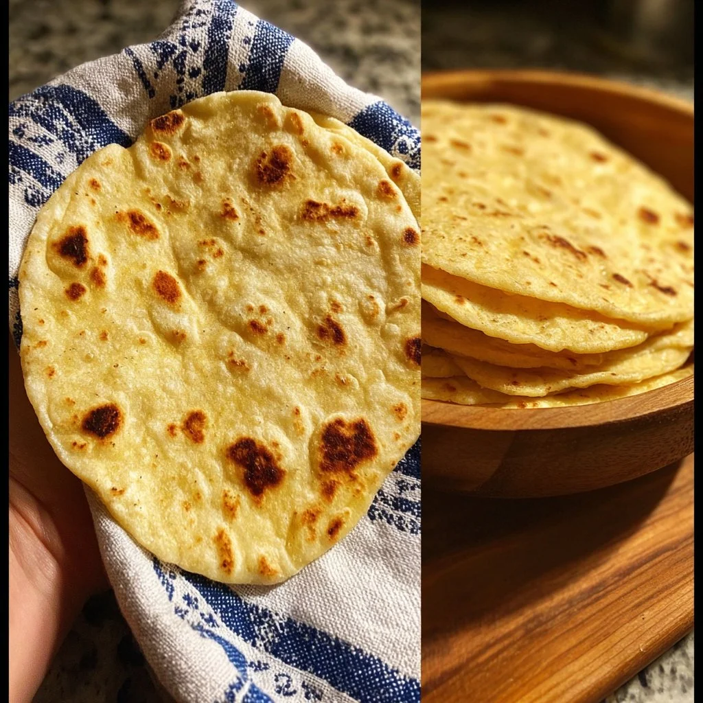 Homemade corn tortillas on a wooden surface ready for tacos.