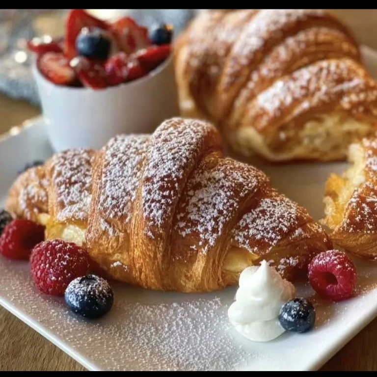 Delicious easy croissant French toast served with syrup and fruit