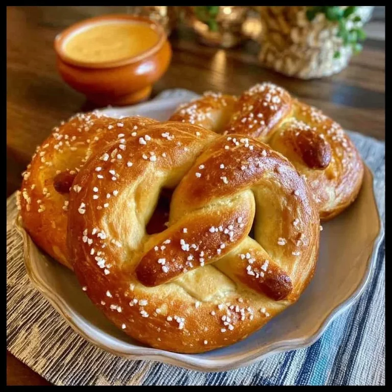 Freshly baked easy homemade soft pretzels on a wooden board
