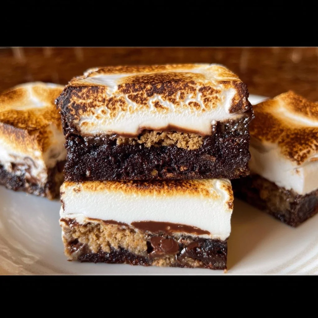 Delicious fudgy S'mores brownies topped with marshmallows and graham crackers