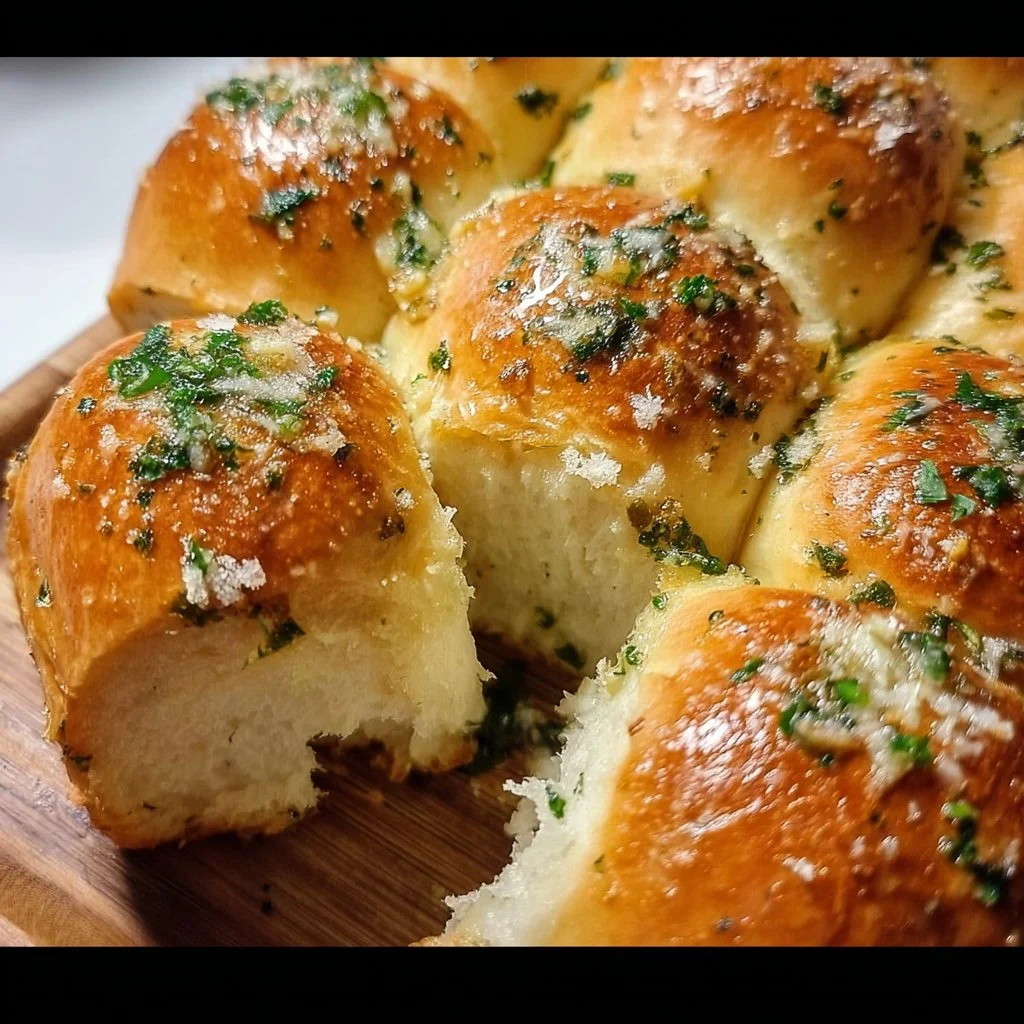Freshly baked garlic bread rolls with a golden crust and herb butter