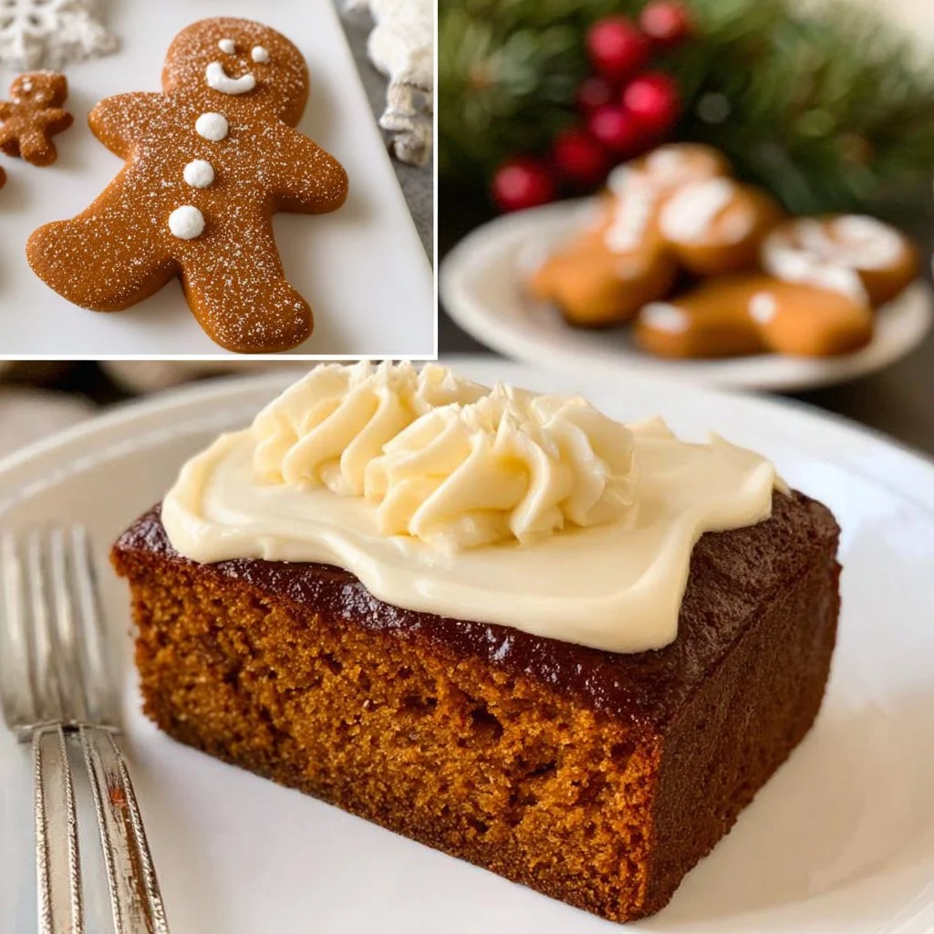 Delicious slice of gingerbread cake topped with cream and spices