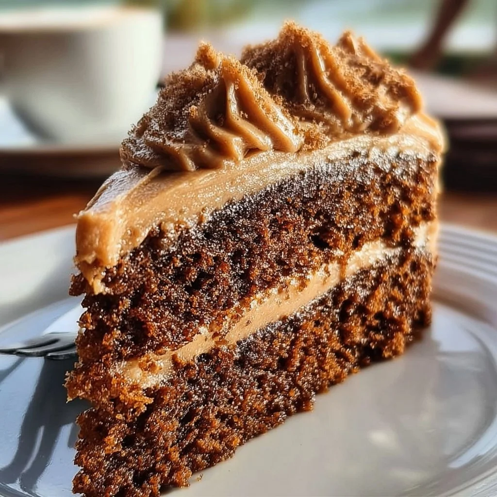 Delicious gingerbread cake with cinnamon molasses frosting on a rustic plate