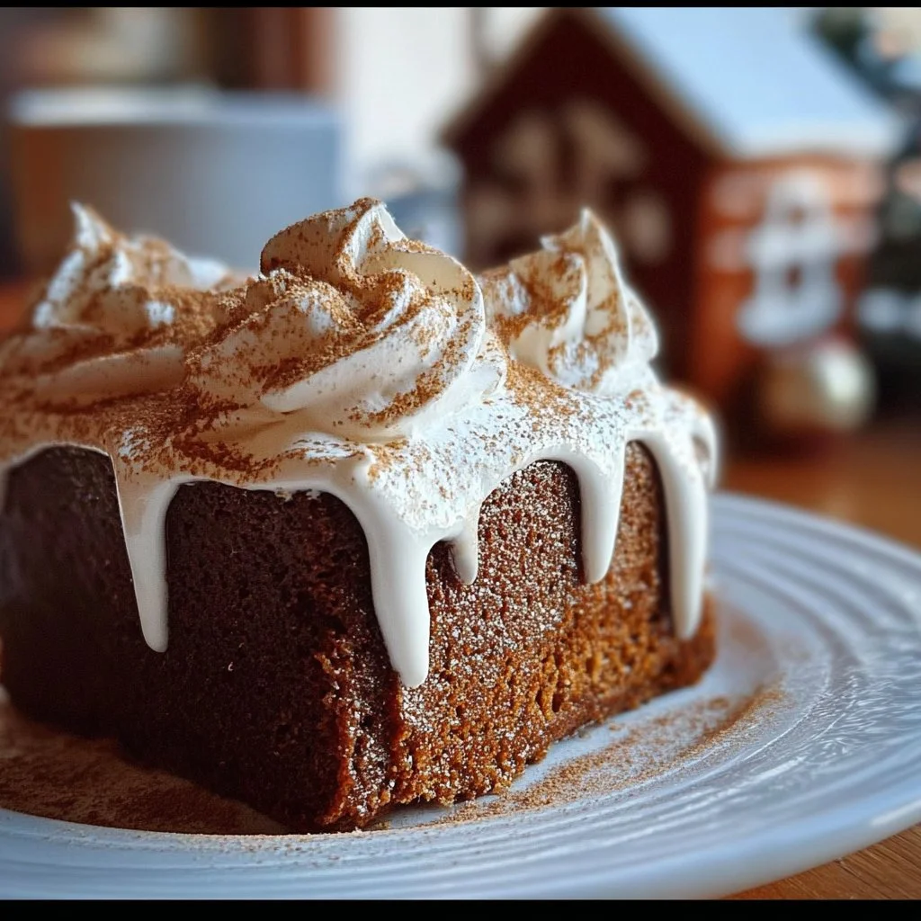 Gingerbread Crazy Cake topped with cream and spices on a festive table