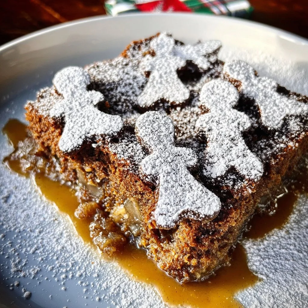 Delicious gingerbread pudding cake topped with cream and spices