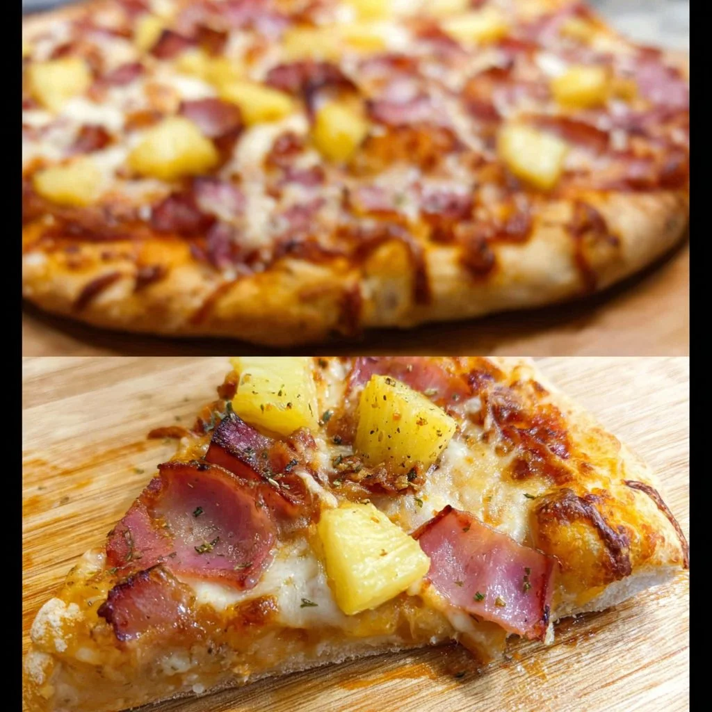Delicious Hawaiian Pizza topped with pineapple, ham, and melted cheese