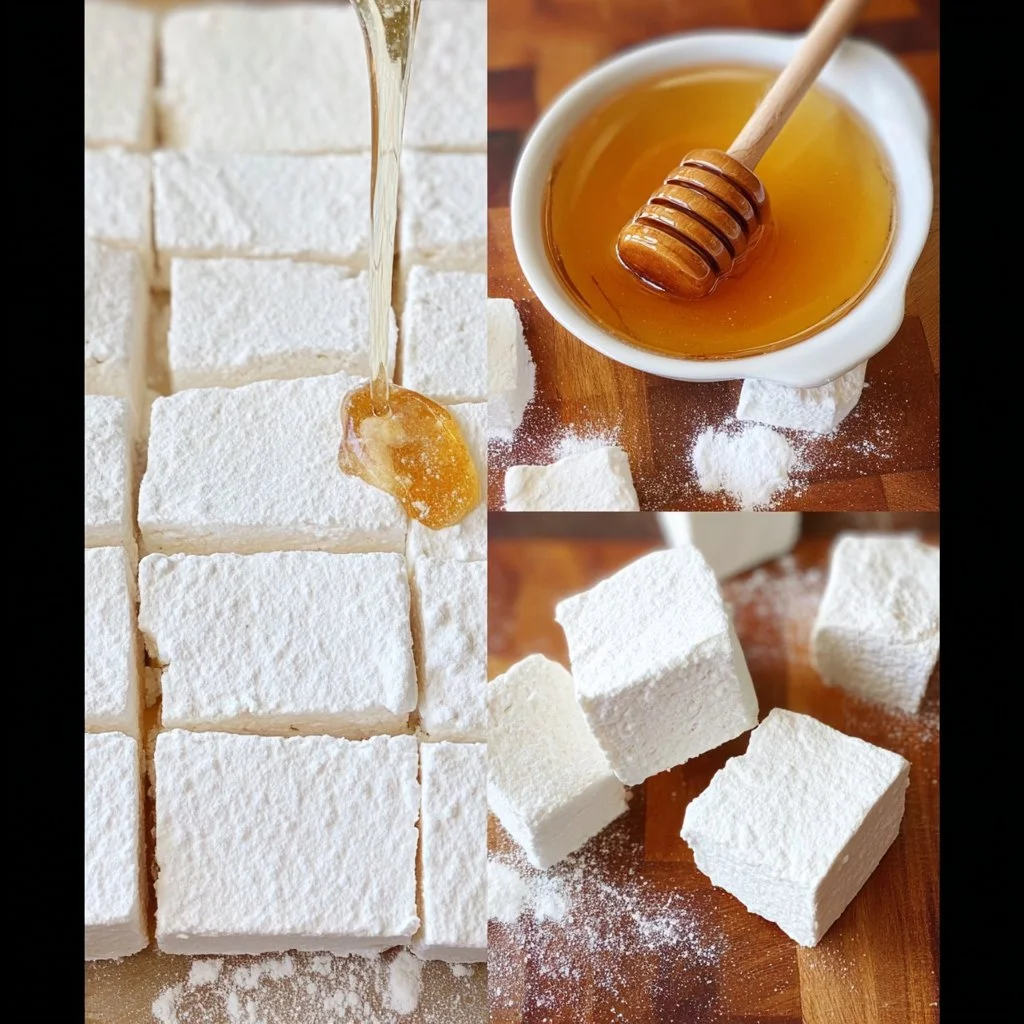 Homemade honey marshmallows on a plate with a drizzle of honey