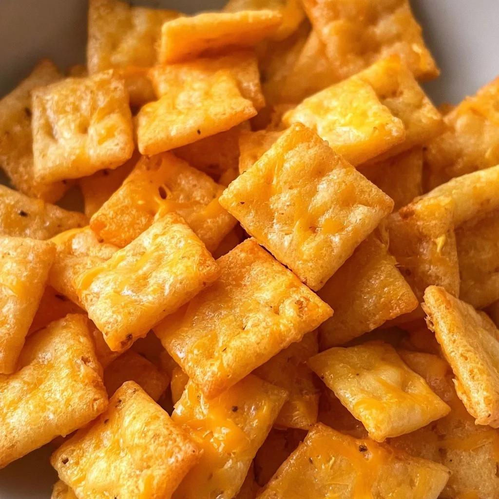 A plate of homemade Cheeze-Its, golden-brown cheesy crackers baked to perfection.