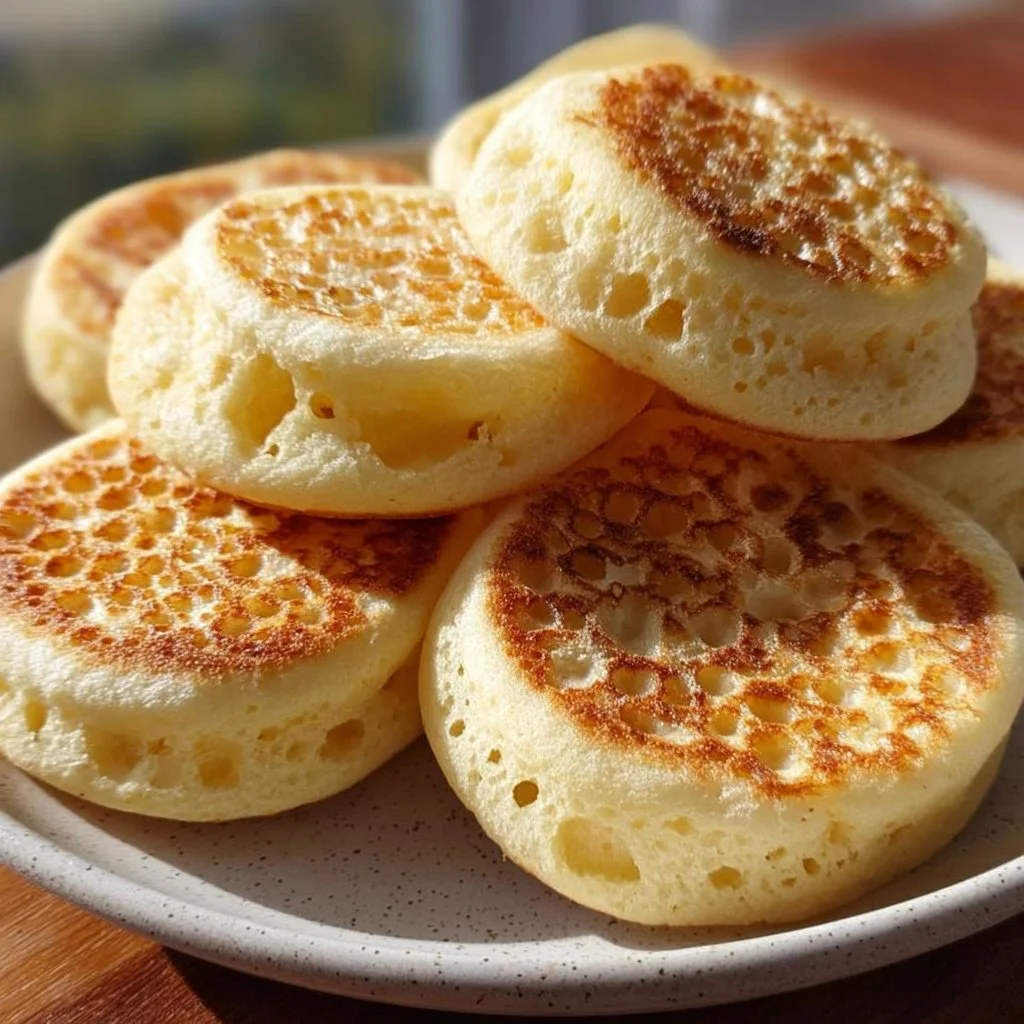 Freshly made homemade crumpets on a plate with butter and jam