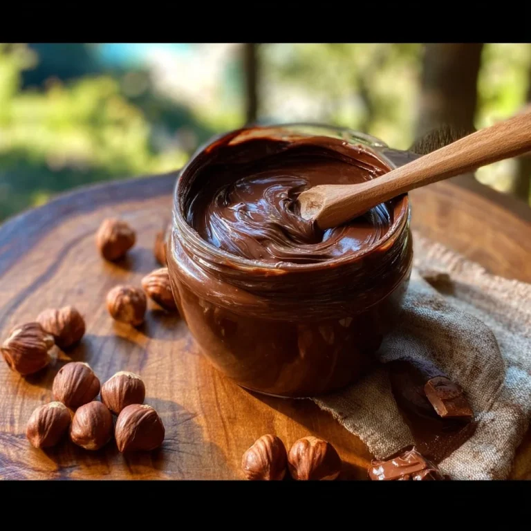 Delicious homemade Nutella spread in a jar with a spoon