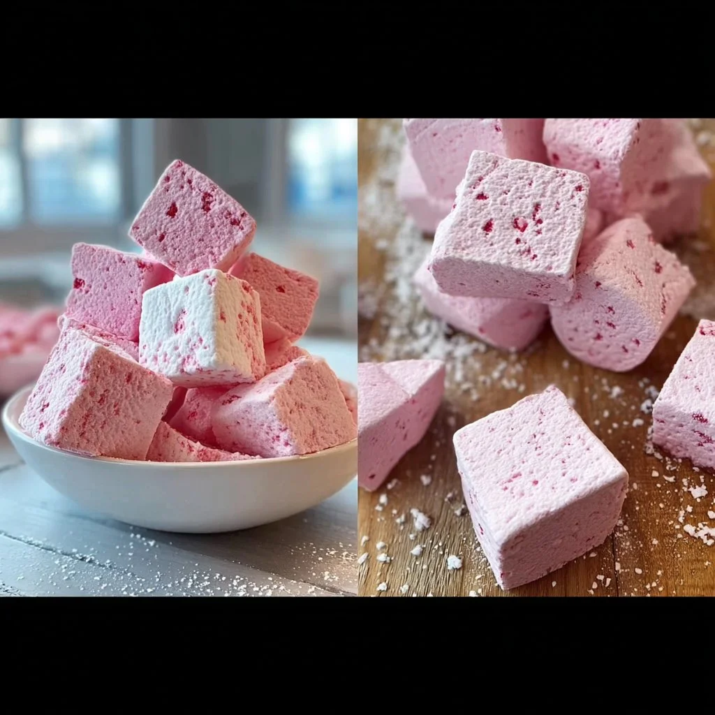 Homemade raspberry marshmallows displayed on a plate, showcasing their fluffy texture.