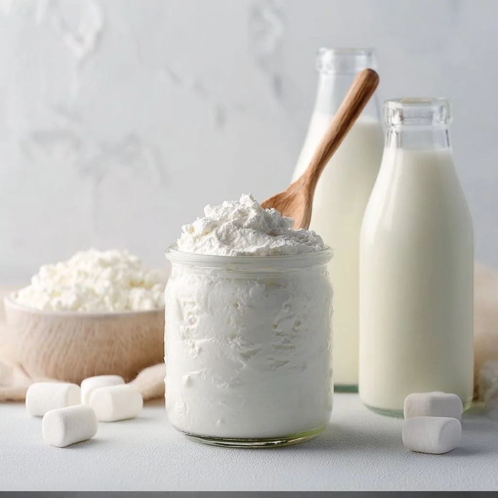 Delicious homemade marshmallow fluff in a jar with a spoon