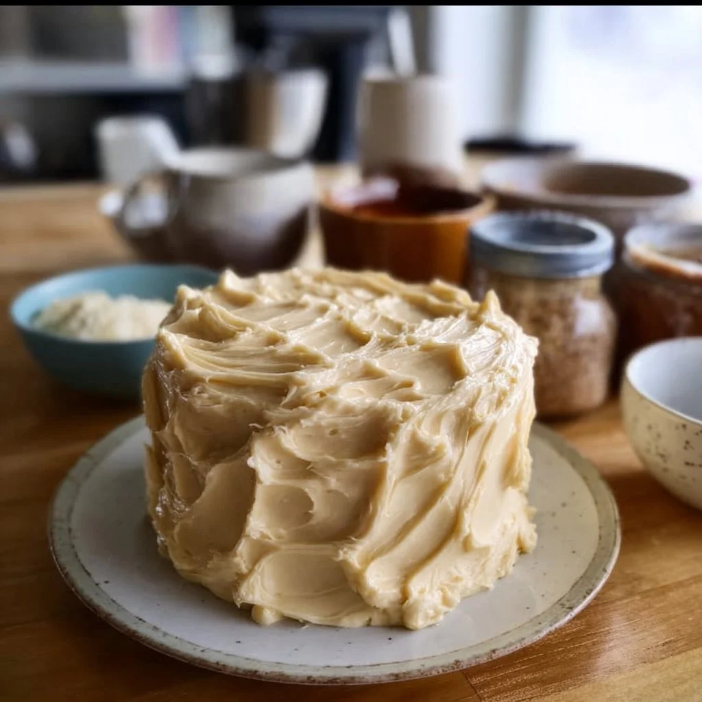 Delicious maple frosting spread on a freshly baked cupcake