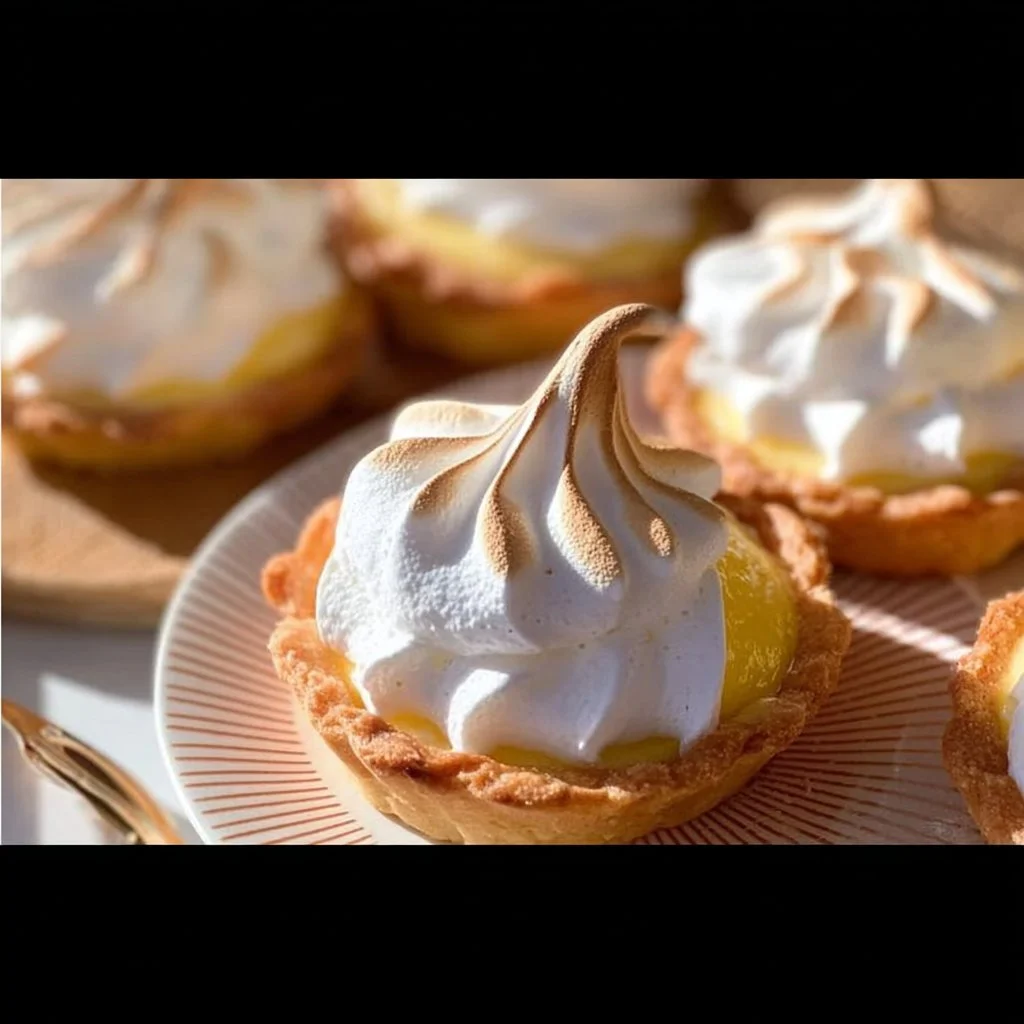 Mini lemon meringue tarts topped with fluffy meringue in a crust.
