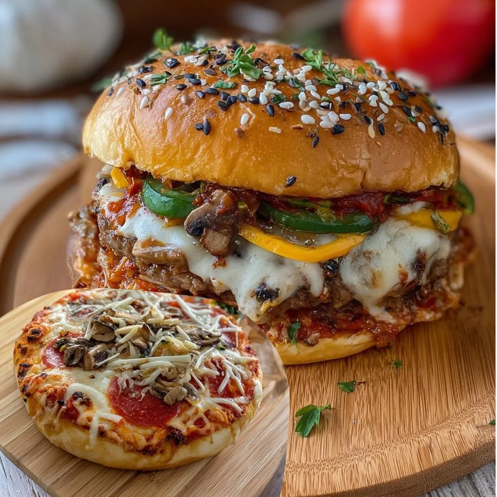 A delicious pizza burger with melted cheese, fresh toppings, and a juicy patty.