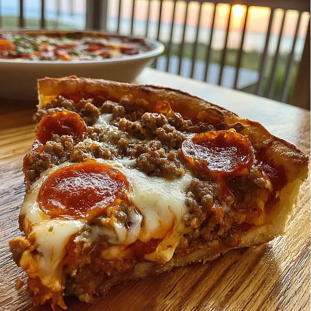 Pizza Burger Pie featuring layers of cheese, burger patty, and pizza toppings