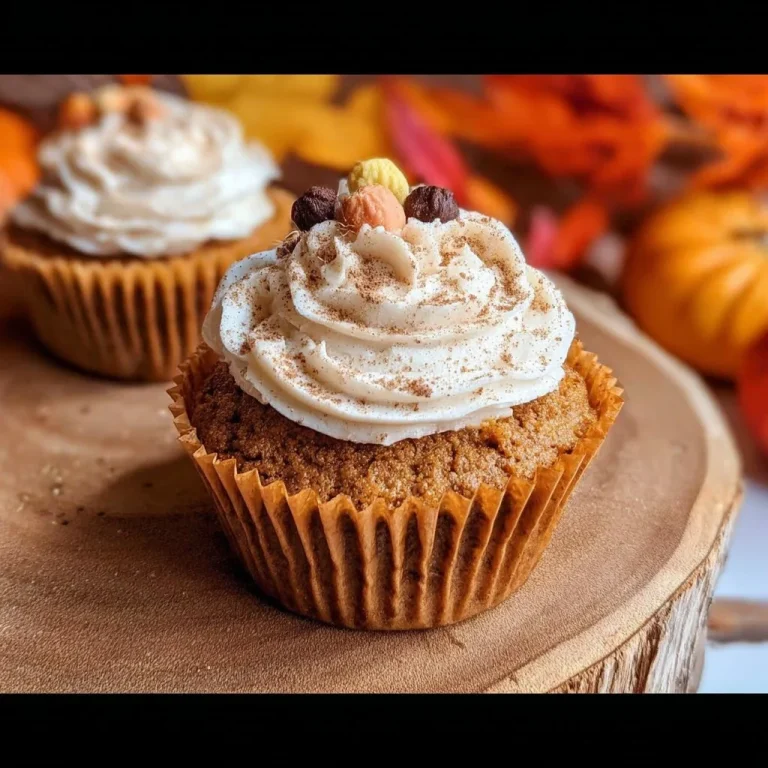 Delicious pumpkin spice cupcakes with cinnamon brown sugar frosting on a plate