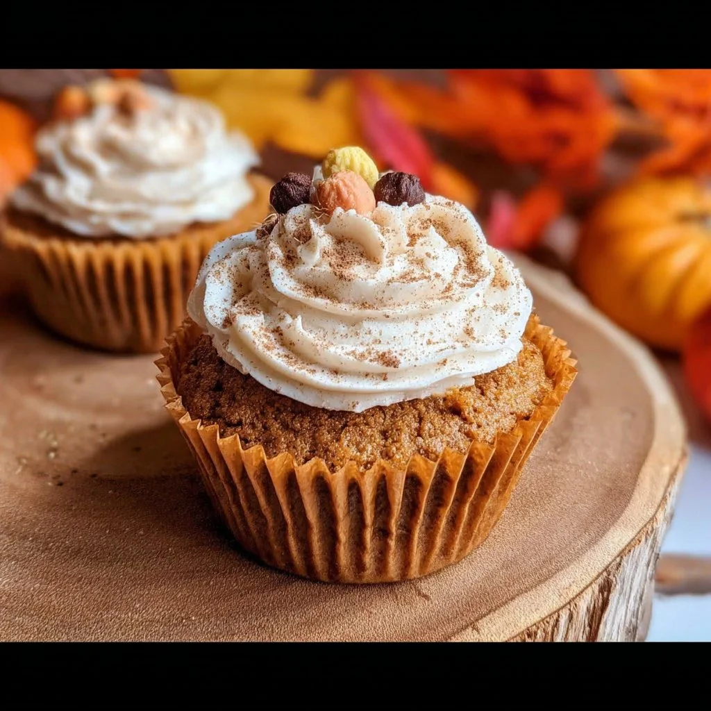 Delicious pumpkin spice cupcakes with cinnamon brown sugar frosting on a plate