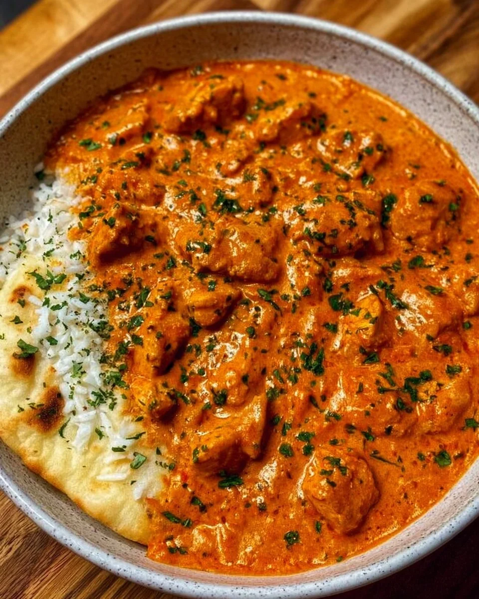 Delicious homemade butter chicken served with rice and naan.