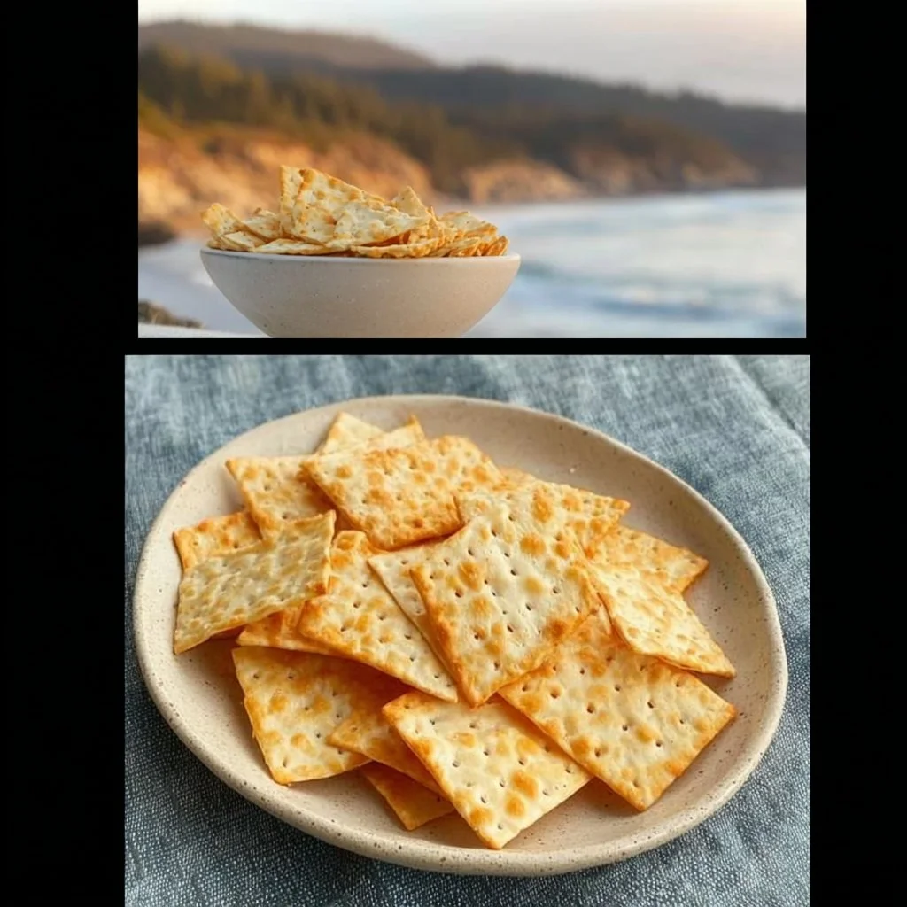 Homemade saltines on a rustic wooden table