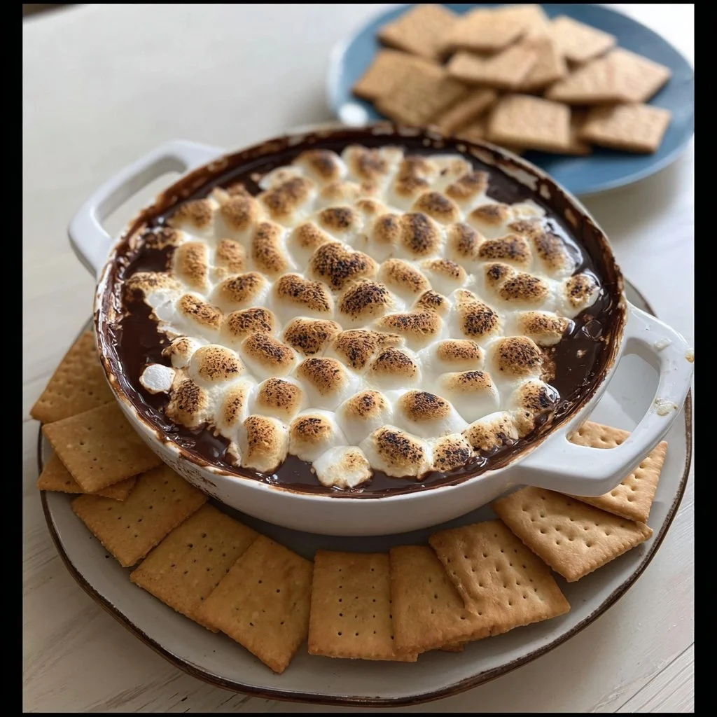 Delicious smores dip ready to be served with marshmallows and graham crackers
