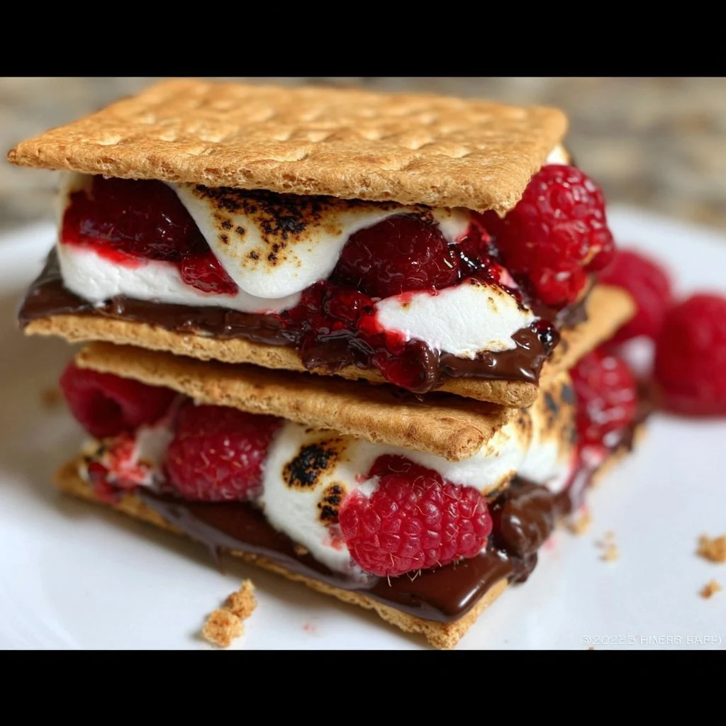 S'mores with chocolate and fresh raspberries on a rustic wooden background
