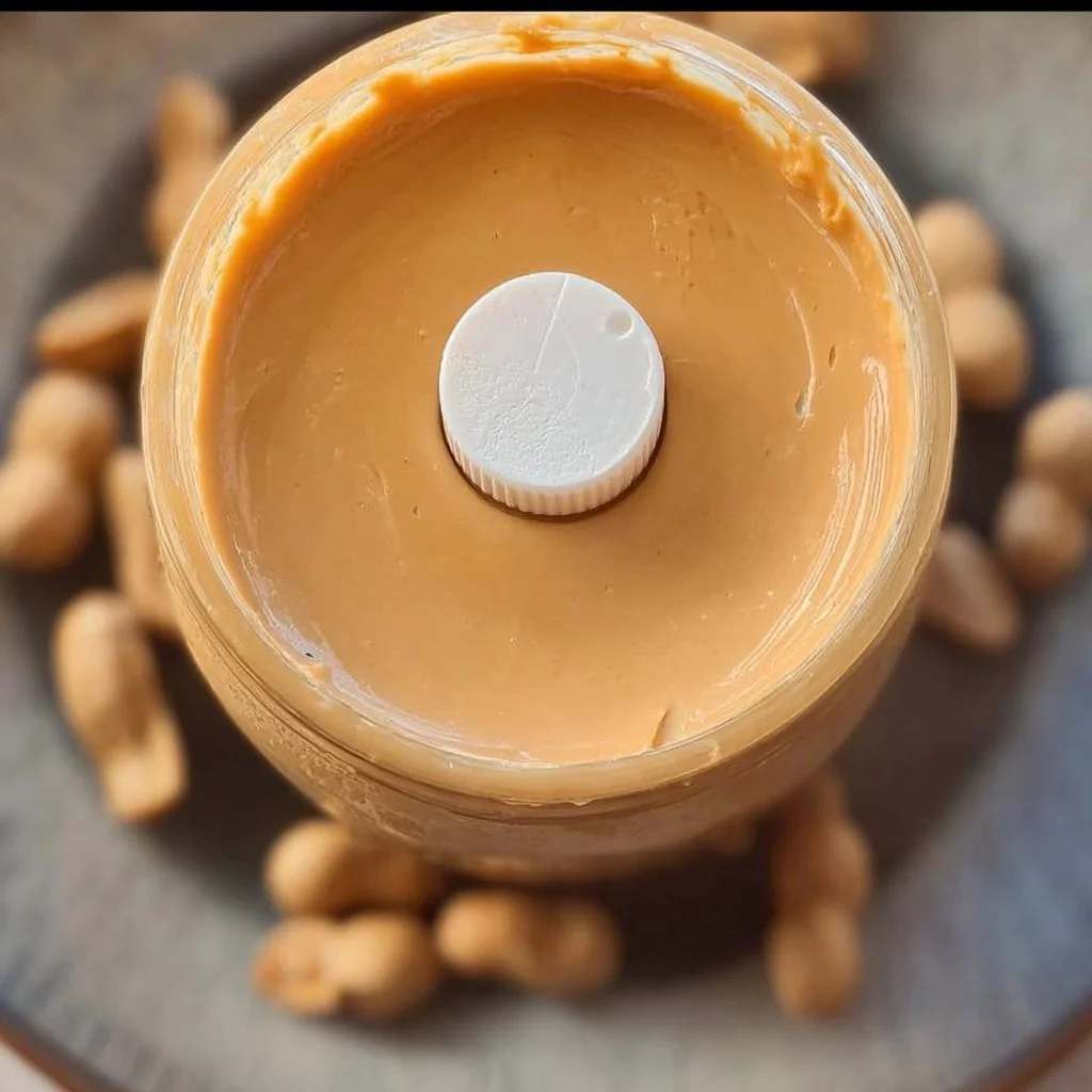 A jar of creamy homemade peanut butter with fresh peanuts and a spoon