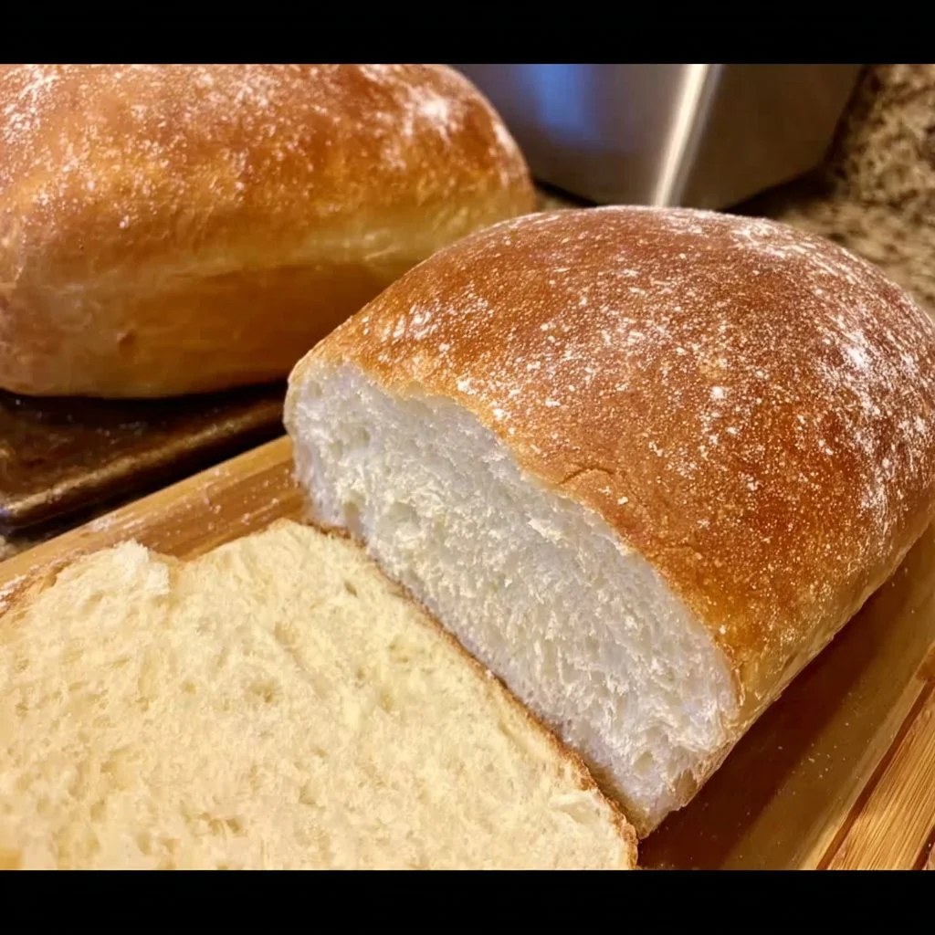 Homemade white bread fresh out of the oven, showcasing a golden crust.
