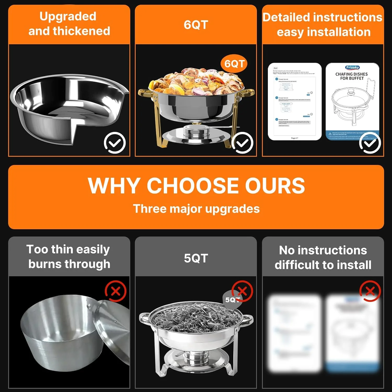 Chafing Dishes for Buffet 4 Pack, 6QT Round Chafing Dish Buffet Set Stainless Steel Buffet Food Warmers Sets for Catering Events Parties Dinners with Complete Set,Gold and Silver - Image 2