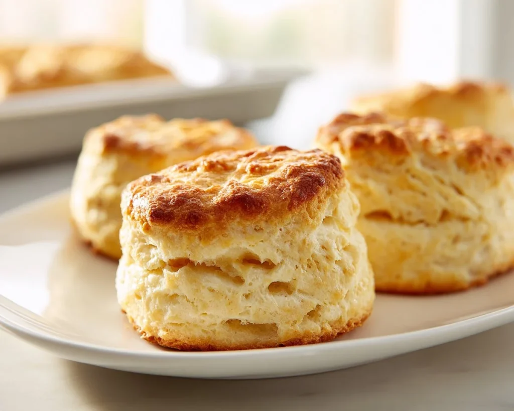 Freshly baked 3-ingredient Bisquick biscuits on a kitchen counter