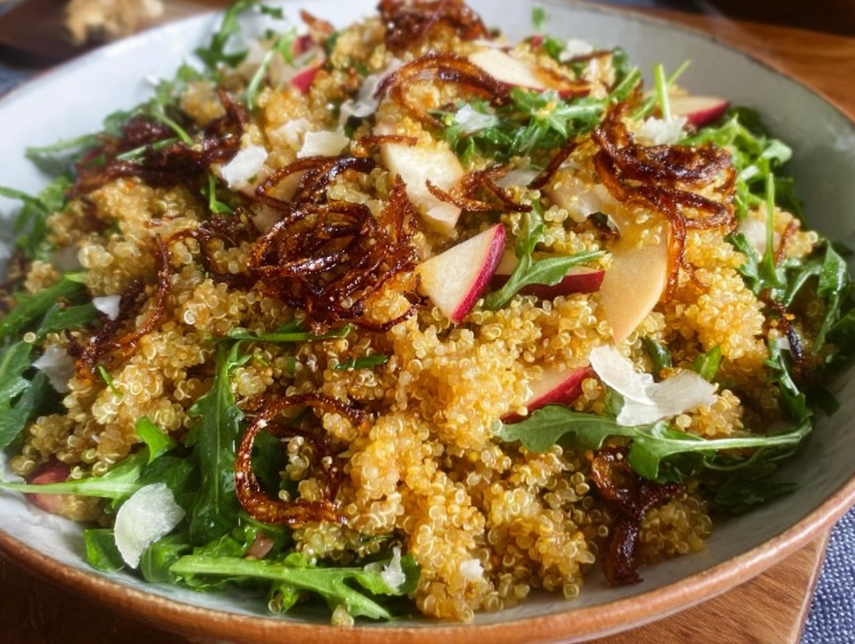 Honey Mustard Quinoa Apple Salad with Crispy Shallots