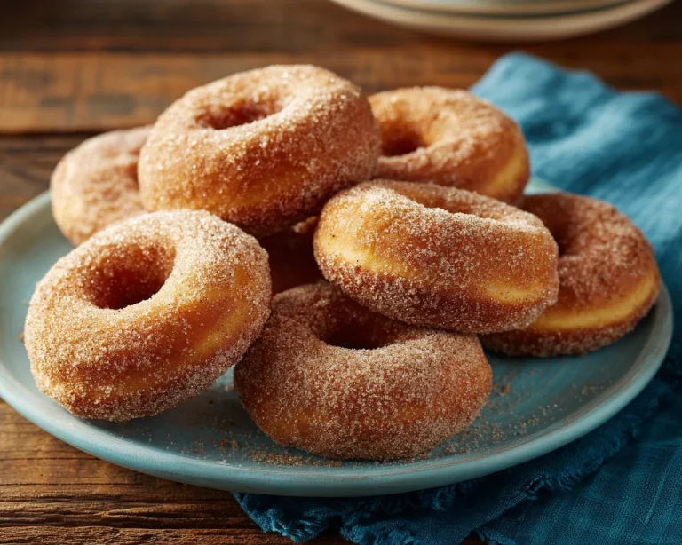 Air Fryer cinnamon sugar donuts sprinkled with cinnamon sugar on a plate.