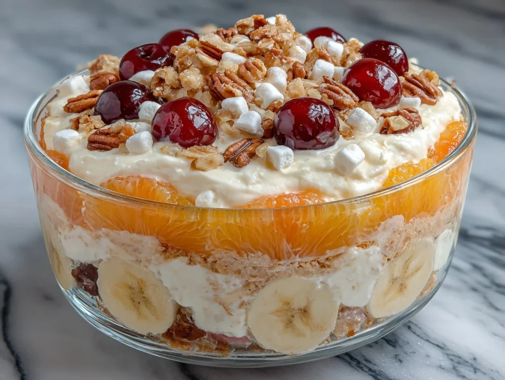 Delicious Ambrosia Salad featuring fruits and marshmallows in a creamy dressing.