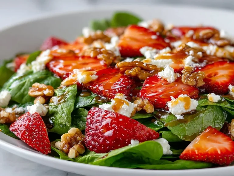 Aunt Linda's Strawberry Salad, featuring fresh strawberries, greens, and vibrant dressing
