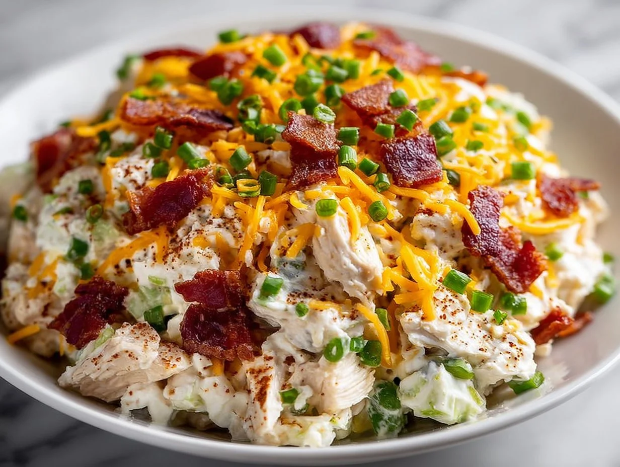 Bacon Ranch Chicken Salad with Cheddar served in a bowl
