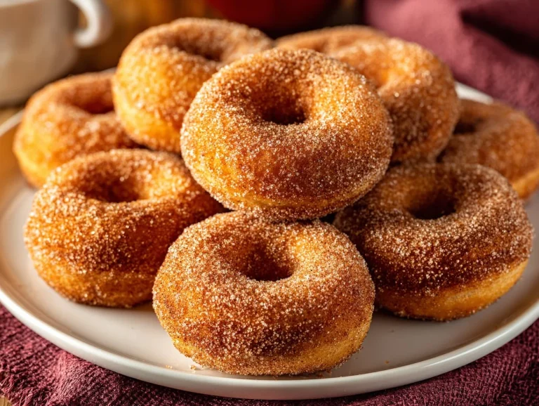 Baked apple cider donuts with a sprinkle of cinnamon sugar on a plate.