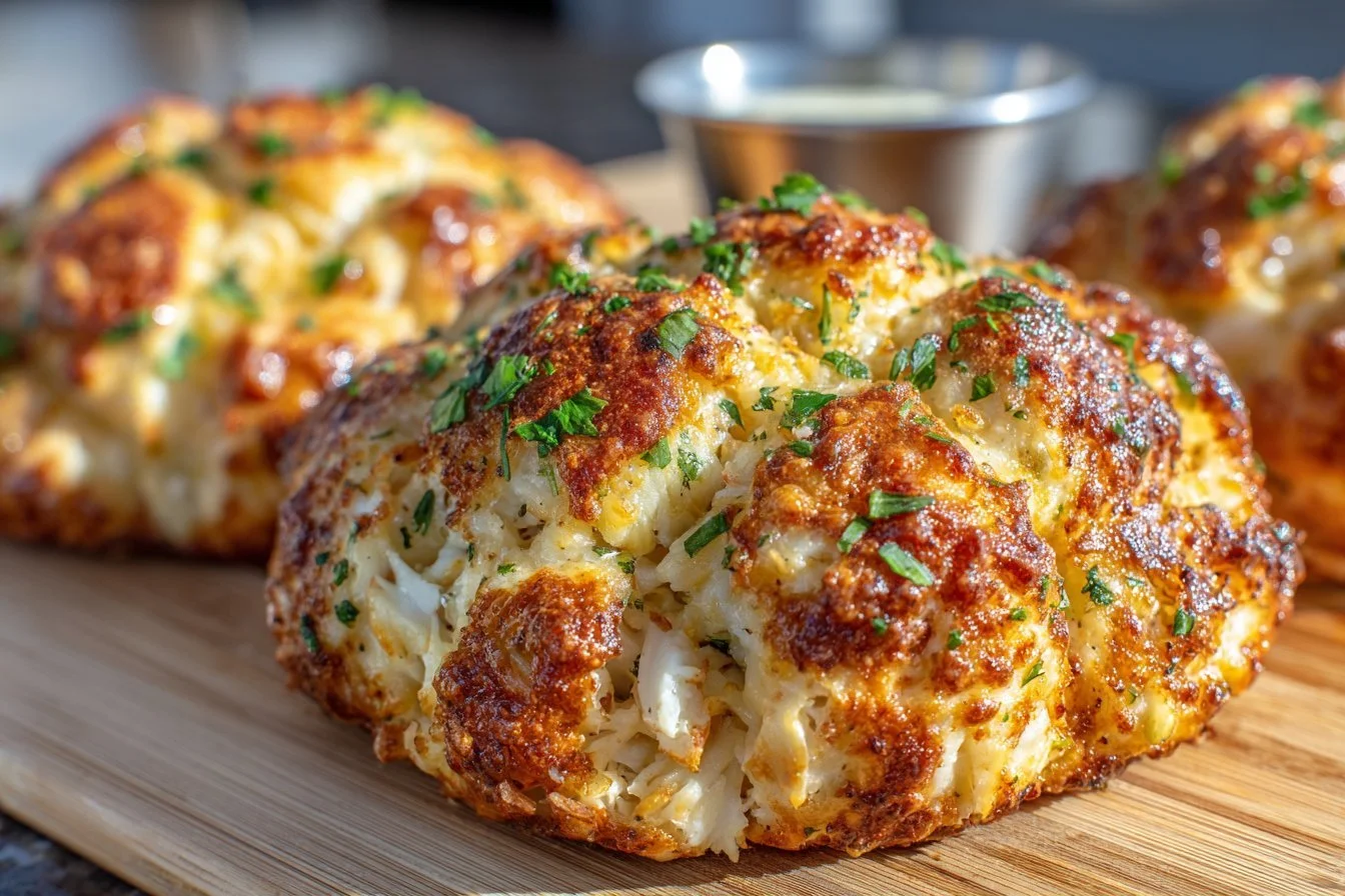 Baked crab bombs served on a platter with garnishes