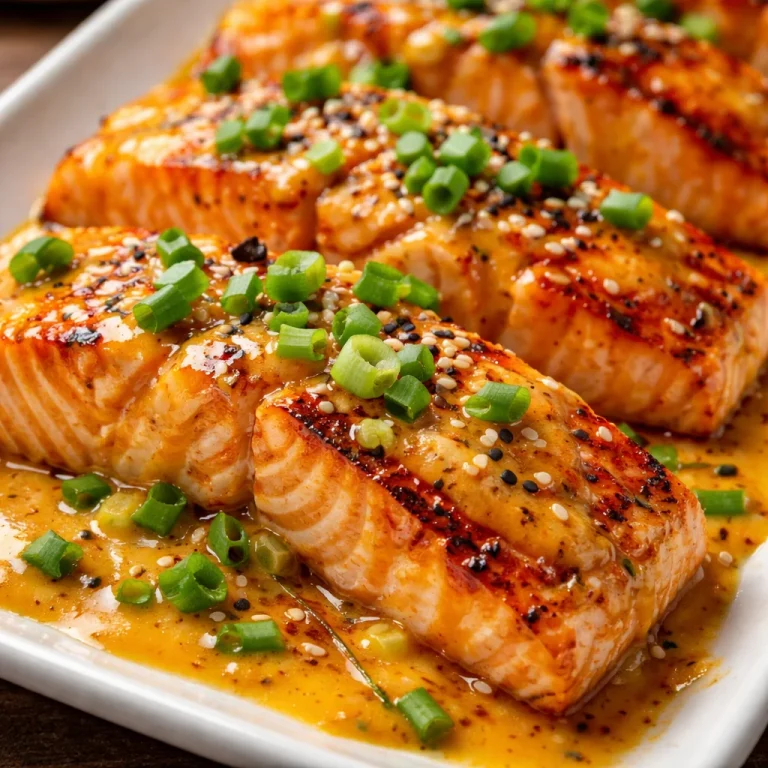 Delicious Bang Bang Salmon with a spicy sauce served on a plate.