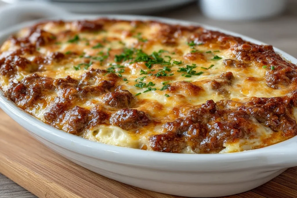 Hearty Beef Casserole with French Onion Dip toppings