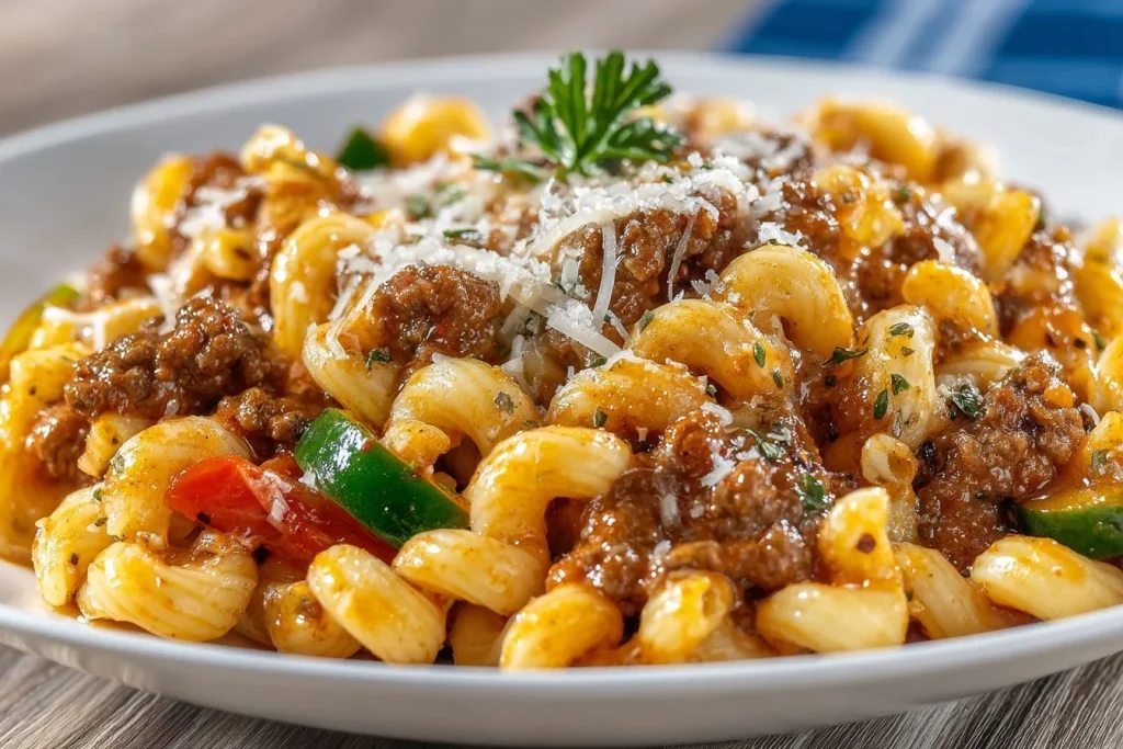 A hearty bowl of Beefaroni topped with cheese, perfect for a quick meal.