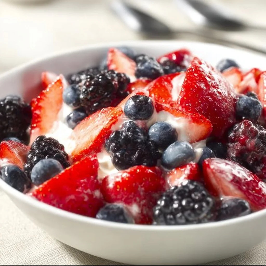 Berry cheesecake fruit salad with mixed berries and creamy cheesecake dressing.