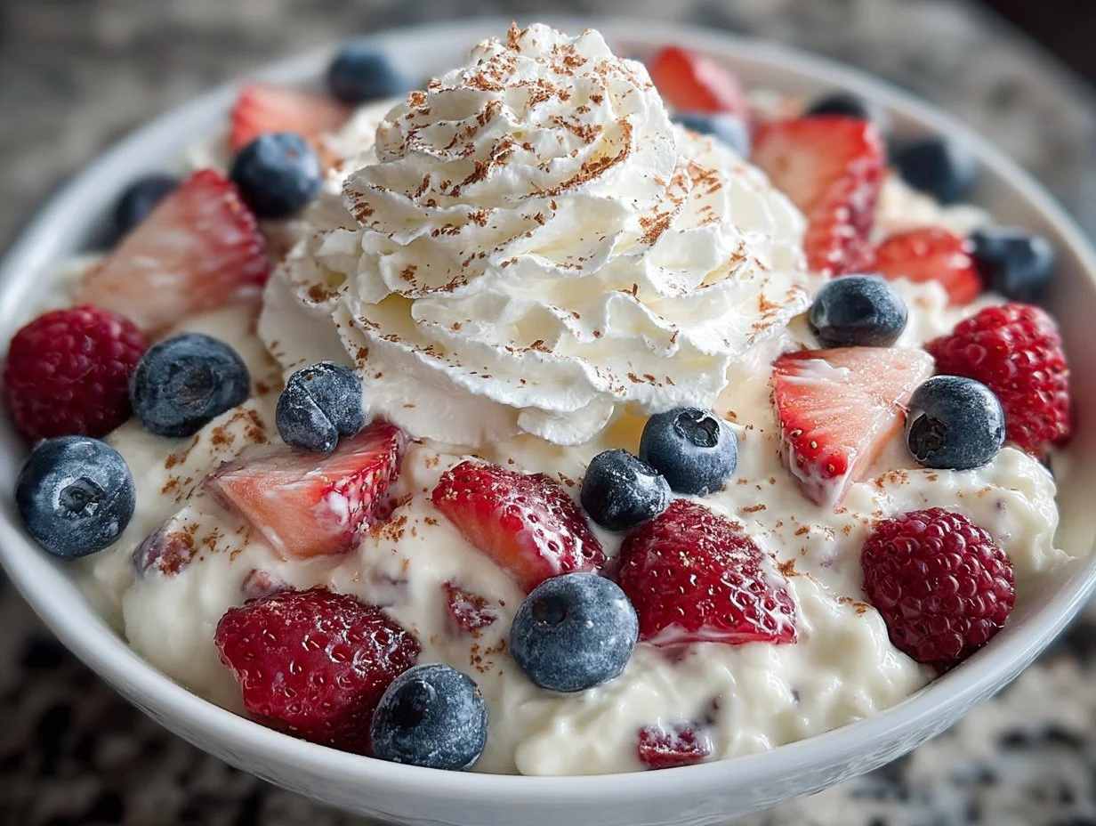 Berry cheesecake salad featuring fresh berries and creamy cheesecake dressing.