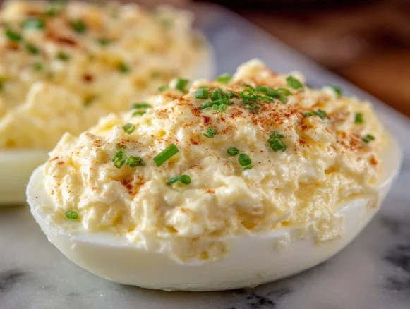 Delicious homemade egg salad served on a plate with fresh herbs and spices.