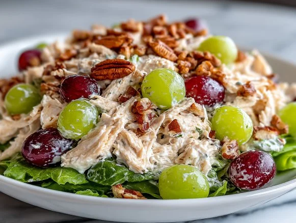 Delicious bowl of best-ever chicken salad with fresh ingredients