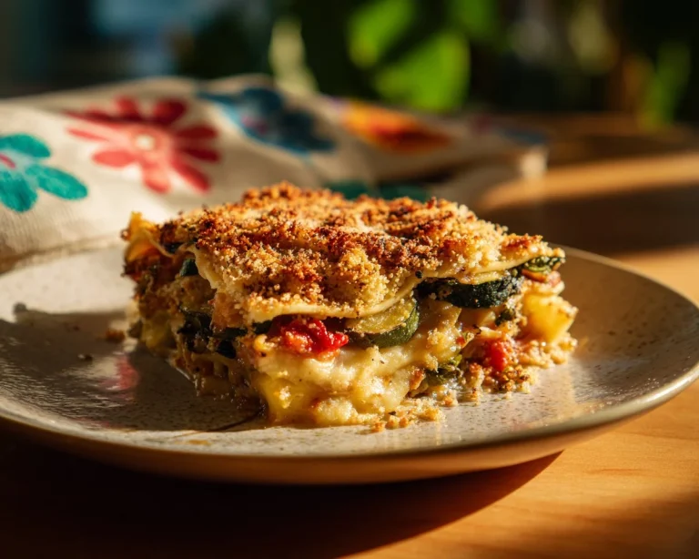 Delicious plate of vegetable lasagna with fresh vegetables and melted cheese