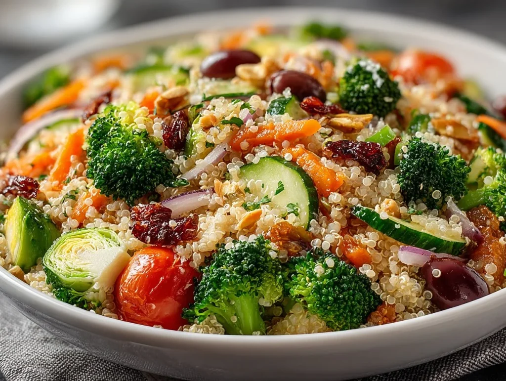 Colorful and healthy quinoa salad with vegetables and dressing