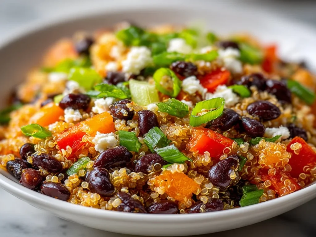 Colorful Black Bean Quinoa Salad with fresh vegetables and dressing