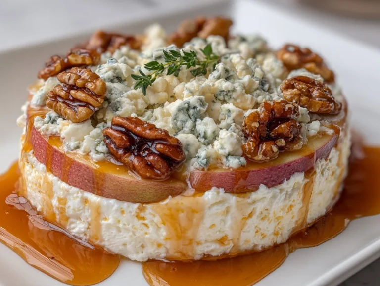 Blue cheese apple appetizer garnished with nuts and herbs on a platter