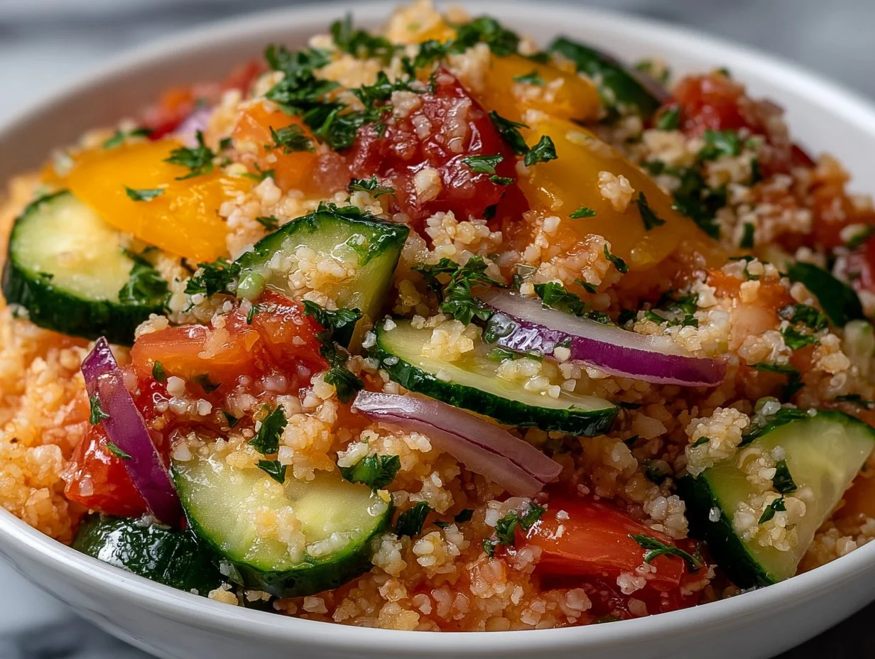 Bulgur salad with fresh vegetables and herbs in a bowl