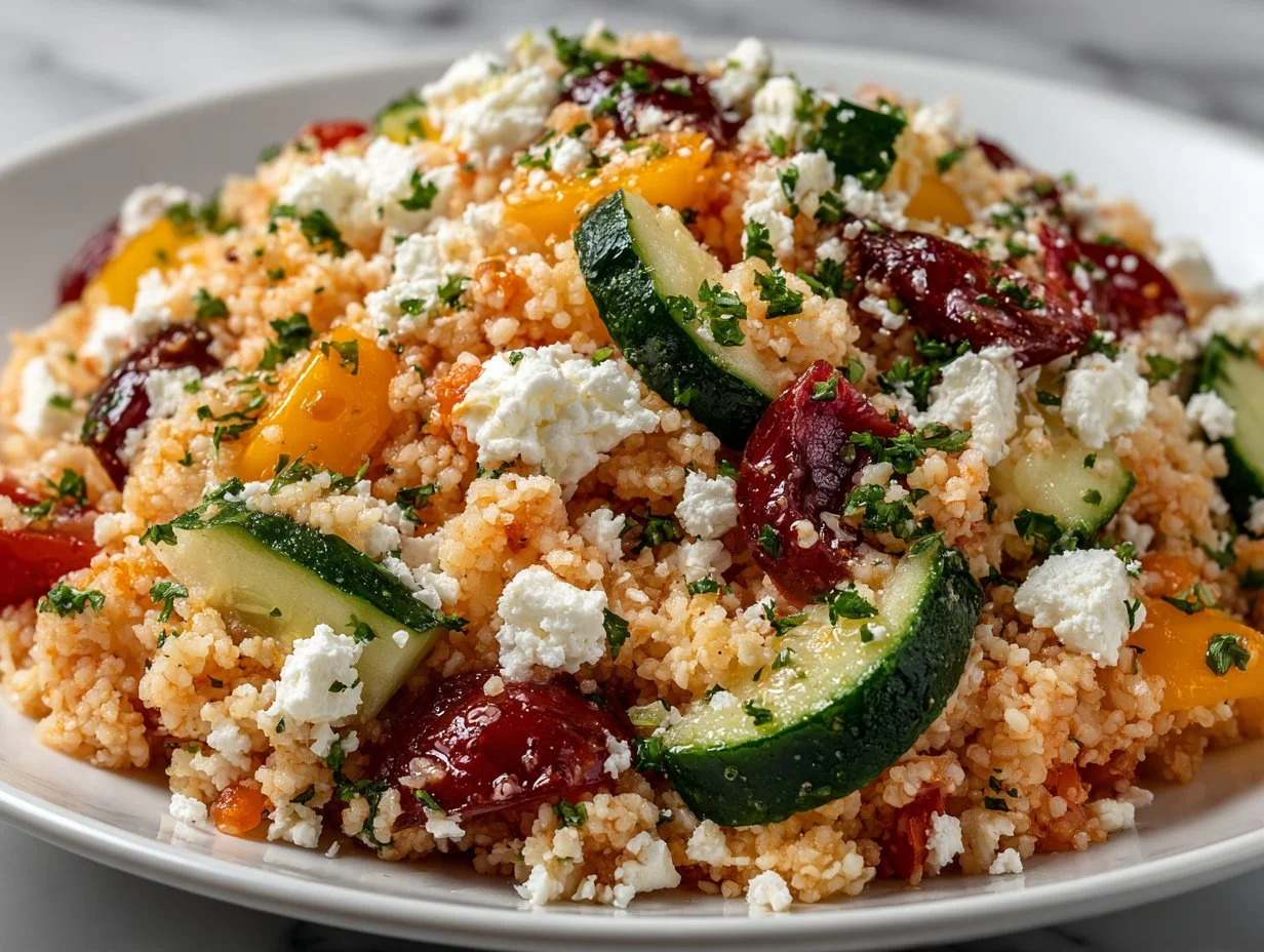 Bulgur salad with fresh vegetables and herbs inspired by Jennifer Aniston's recipe.